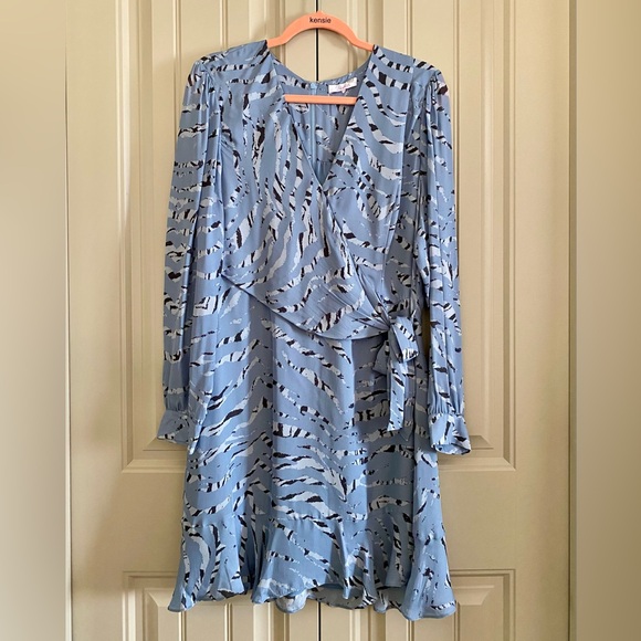 Parker Silk Blend Faux Wrap Blue Zebra Print Dress - Picture 5 of 11